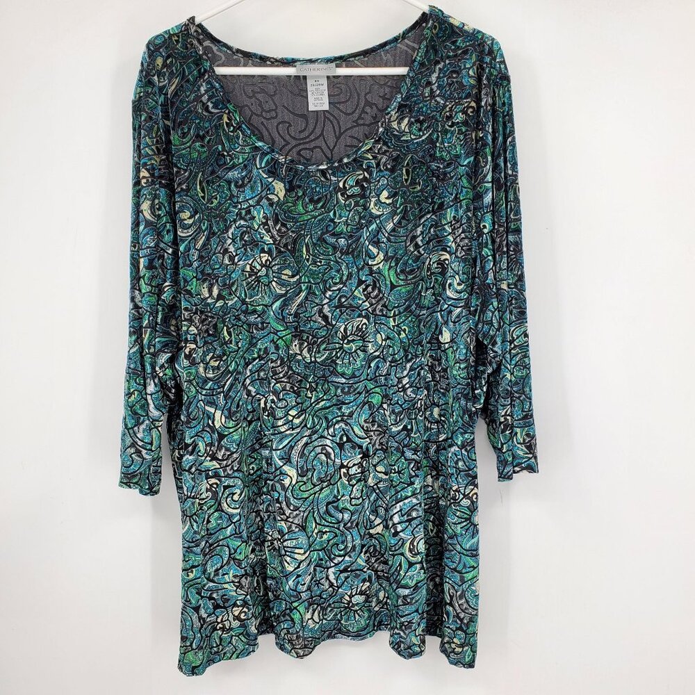 Catherines Women's Teal Green 3/4 Sleeve Burnout Velvet Scoop Neck Tunic Shirt 3
